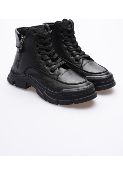 Kadın Deri Bot Fermuarlı Siyah Corva