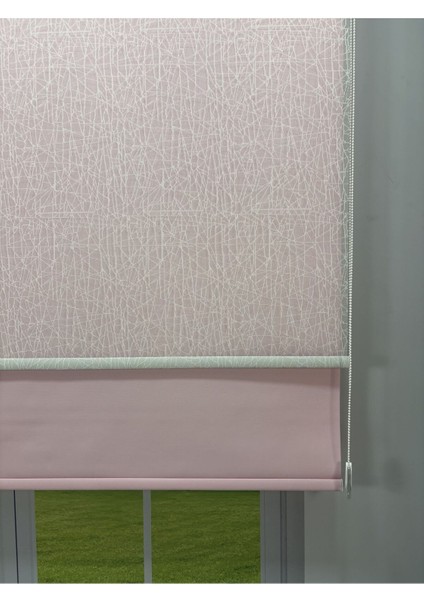 Olympos Serisi – Kırçıl Desenli Çift Mekanizmalı Beyaz Tül Pembe Stor Perde