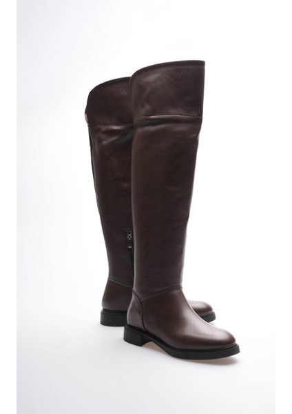 Kadın Dizüstü Çizme Yarım Fermuarlı Kahve Bihter