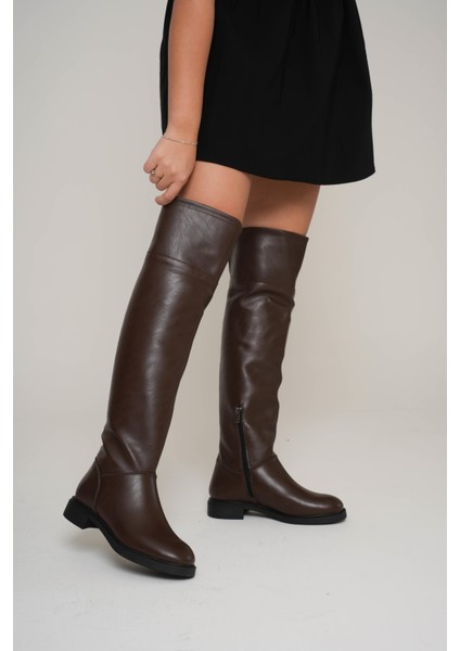 Kadın Dizüstü Çizme Yarım Fermuarlı Kahve Bihter fiyatları