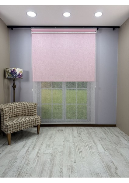 Olympos Serisi – Kırçıl Desenli Çift Mekanizmalı Beyaz Tül Pembe Stor Perde fırsatları