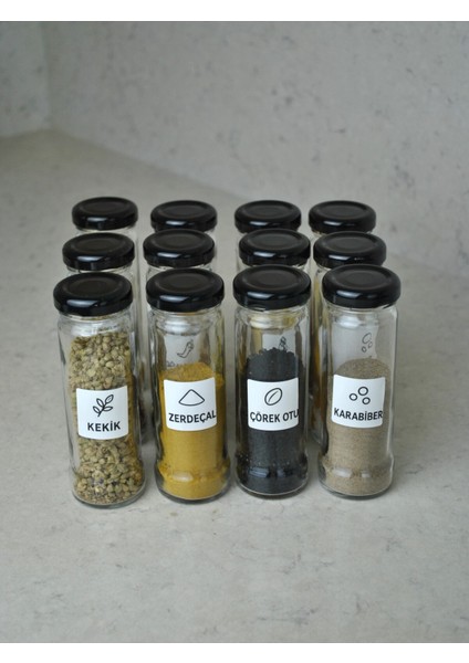 12 Adet 105 cc Cam Baharatlık Seti 105 ml Sızdırmaz Kapaklı Yuvarlak Baharatlık 16'lı Etiket