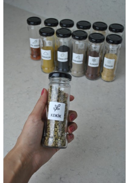 12 Adet 105 cc Cam Baharatlık Seti 105 ml Sızdırmaz Kapaklı Yuvarlak Baharatlık 16'lı Etiket modelleri