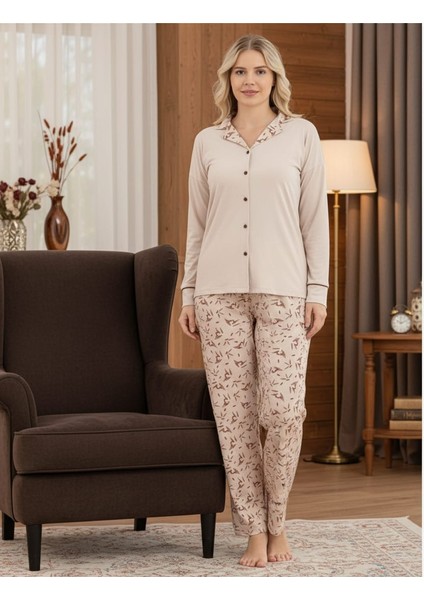 Berlin Raporlu Baskılıya Düz Düğmeli Kadın Pijama Takımı