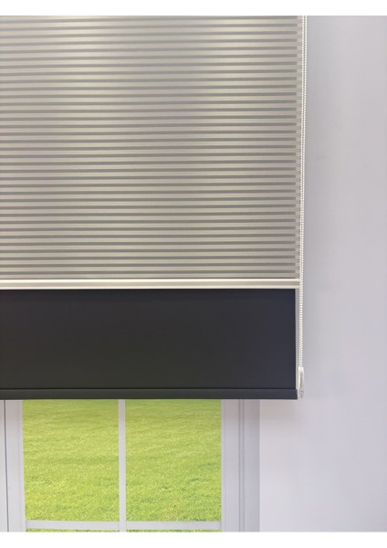 Luna Serisi Açık Gri Tül Siyah Stor Perde Işık Kontrollü, Çift Mekanizmalı, Kolay Montaj