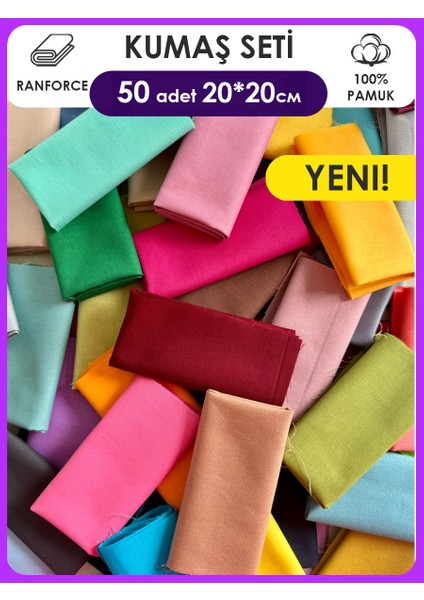 Renkli Düz %100 Pamuk Kumaş Seti – 50 Adet 20X20 cm Patchwork ve Dikiş Için