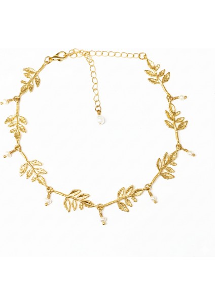 Gerçek Tatlı Su İncili Altın Kaplama Yaprak Choker Kolye
