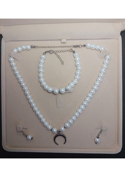 Inci Kolye Bileklik Küpe Set, Paslanmaz Çelik Hilal Uçlu Gümüş Rengi