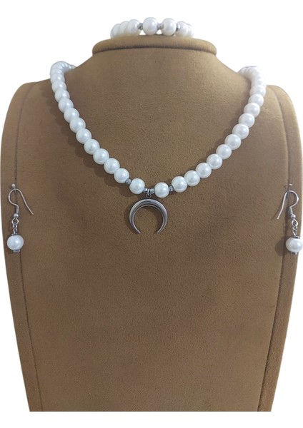 Inci Kolye Bileklik Küpe Set, Paslanmaz Çelik Hilal Uçlu Gümüş Rengi fiyatları