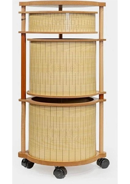 Ahşap Yuvarlak Tekerlekli Sebzelik 3 Katlı Yana Açılır Patates Soğan Sarımsak Krem