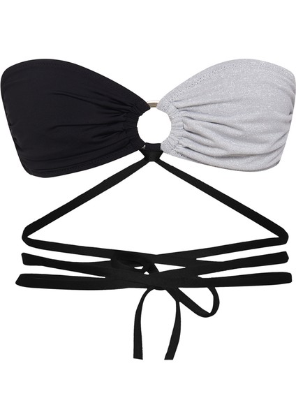 Siyah Gri Büzgülü Straplez Bikini Üstü