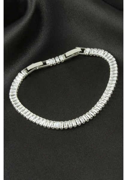 Resveq Baget Zirkon Taşlı Lüks Kararmaz Bileklik 5 Mm-Gümüş Rengi
