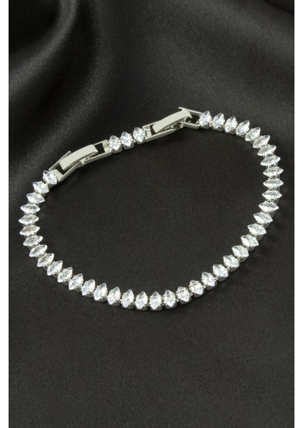 Resveq Oval Zirkon Taşlı Lüks Kararmaz Bileklik 5 Mm-Gümüş Rengi