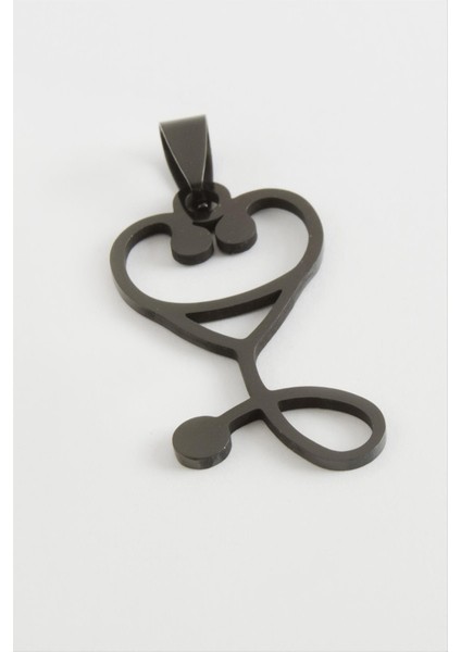 Resveq Steteskop Kalp Çelik Kolye Ucu 3,5 Cm-Siyah