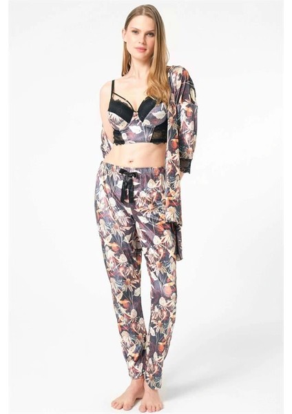 Kadife Çiçek Desenli Sabahlık Balenli Destekli Dolgulu Yaka Detaylı Dantelli Büstiyer Sütyen ve Pantolon Pijama 3'lü Takım