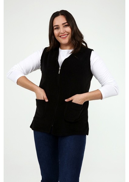 V Yaka Kadın Siyah Polar Yelek