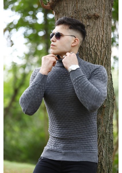 moda Erkek Füme Boğazlı Triko Kazak