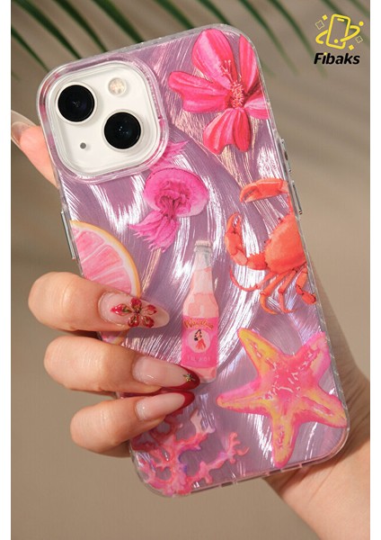 iPhone 11 Kılıf Hologramlı Pembe Yengeç Mercan Desenli Darbe Emici Kamera Korumalı Silikon