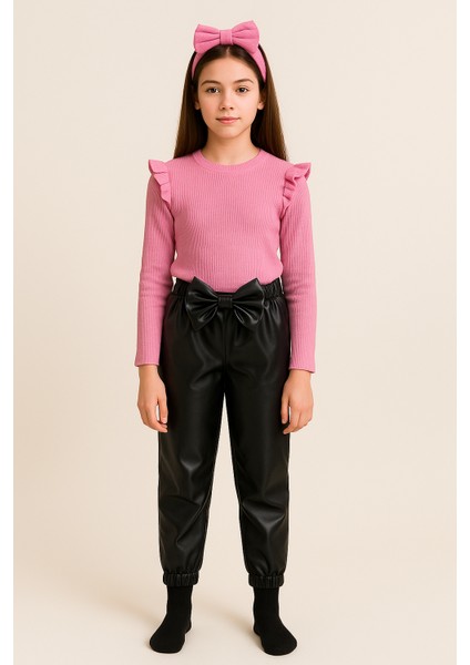 kız Çocuk, 3 Lü Set Siyah Deri Fiyonk Detaylı Pantolon, Pembe Omuzu Fırfırlı Badi ve Saç Bandı Takımı.