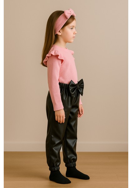 kız Çocuk, 3 Lü Set Siyah Deri Fiyonk Detaylı Pantolon, Pembe Omuzu Fırfırlı Badi ve Saç Bandı Takımı. modelleri