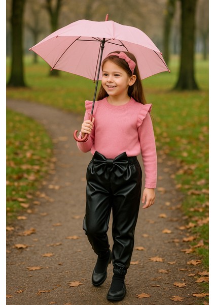 kız Çocuk, 3 Lü Set Siyah Deri Fiyonk Detaylı Pantolon, Pembe Omuzu Fırfırlı Badi ve Saç Bandı Takımı.