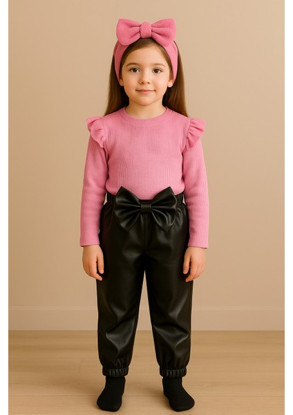 kız Çocuk, 3 Lü Set Siyah Deri Fiyonk Detaylı Pantolon, Pembe Omuzu Fırfırlı Badi ve Saç Bandı Takımı.
