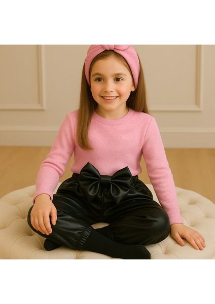 kız Çocuk, 3 Lü Set Siyah Deri Fiyonk Detaylı Pantolon, Pembe Omuzu Fırfırlı Badi ve Saç Bandı Takımı. fiyatları