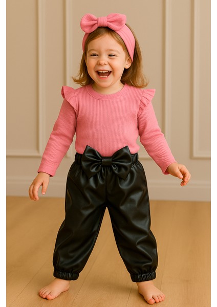kız Çocuk, 3 Lü Set Siyah Deri Fiyonk Detaylı Pantolon, Pembe Omuzu Fırfırlı Badi ve Saç Bandı Takımı. fırsatları