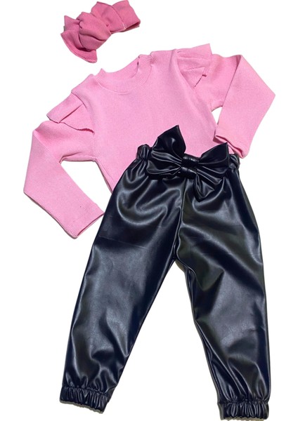 kız Çocuk, 3 Lü Set Siyah Deri Fiyonk Detaylı Pantolon, Pembe Omuzu Fırfırlı Badi ve Saç Bandı Takımı.