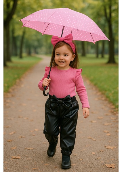 kız Çocuk, 3 Lü Set Siyah Deri Fiyonk Detaylı Pantolon, Pembe Omuzu Fırfırlı Badi ve Saç Bandı Takımı.