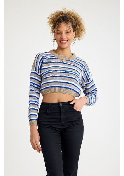 Kadın Trend Delikli Günlük Mavi Crop Kazak