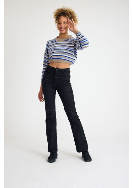 Kadın Trend Delikli Günlük Mavi Crop Kazak modelleri