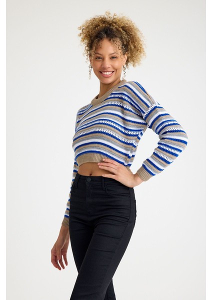 Kadın Trend Delikli Günlük Mavi Crop Kazak fırsatları