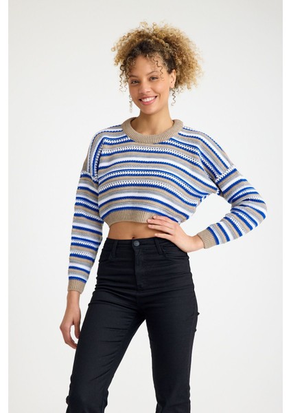 Kadın Trend Delikli Günlük Mavi Crop Kazak