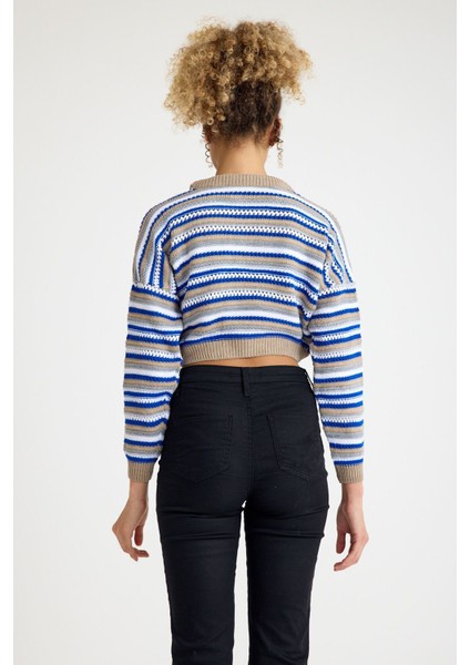 Kadın Trend Delikli Günlük Mavi Crop Kazak