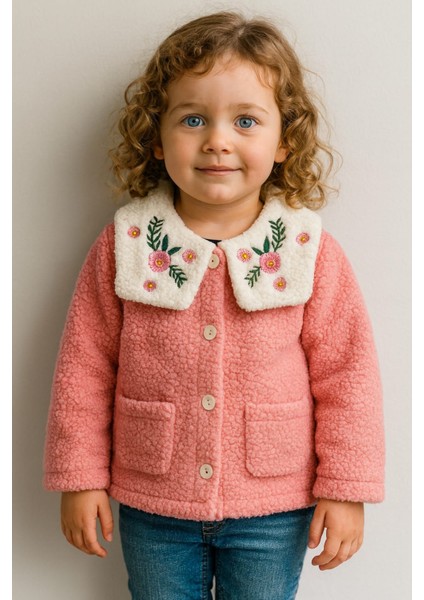 Kız Çocuk Kuzu Welsoft Nakışlı Arkası Atkılı Hırka Yumuşak Dokulu