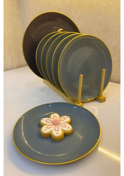Gold Kenarlı Gri Seramik Pasta Tabağı 7 Lı Set – Modern Sofra Sunum Tabakları (21 Cm)