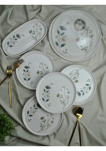 9 Parça Porselen Servis ve Sunum Seti Pasta Kek Servisliği Sunum Takımı -Jade