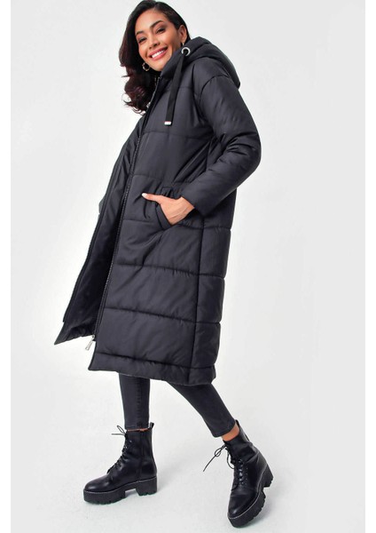 Kapşonlu Uzun Şişme Siyah Kadın Mont 5120 fiyatları