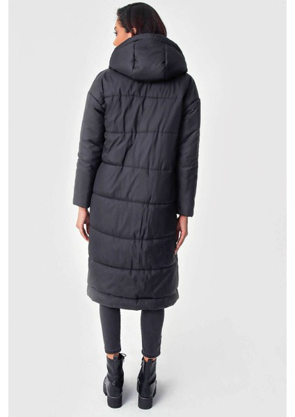 Kapşonlu Uzun Şişme Siyah Kadın Mont 5120 indirimleri