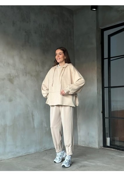 Kadın Oversize Fermuarlı Kapüşonlu Sweatshirt Pileli Paça Tesettüre Uygun Spor Şık Eşofman Takımı