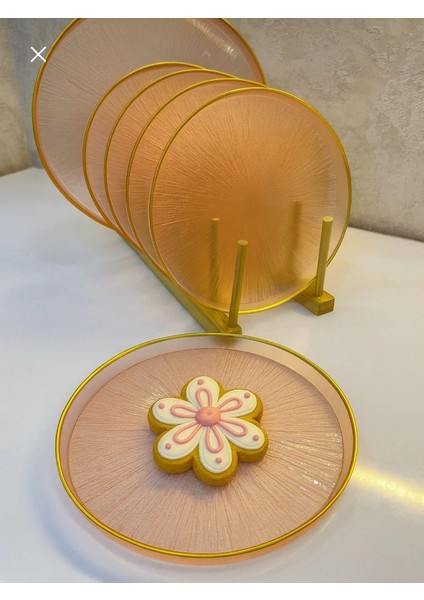 Pembe Gold Cam Pasta Tabağı 7’li Set – Işıltılı Sofra Sunum Tabakları (21 Cm)