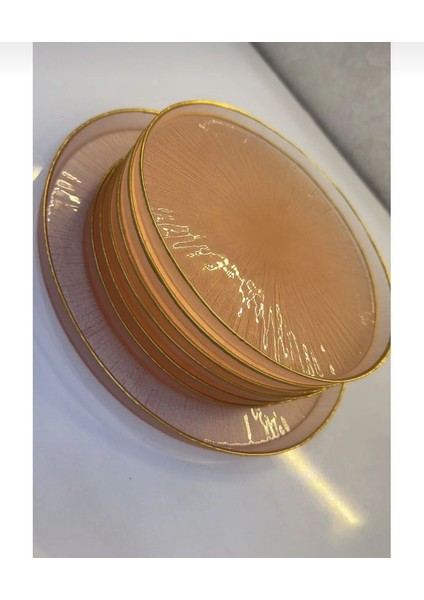 Pembe Gold Cam Pasta Tabağı 7’li Set – Işıltılı Sofra Sunum Tabakları (21 Cm) modelleri