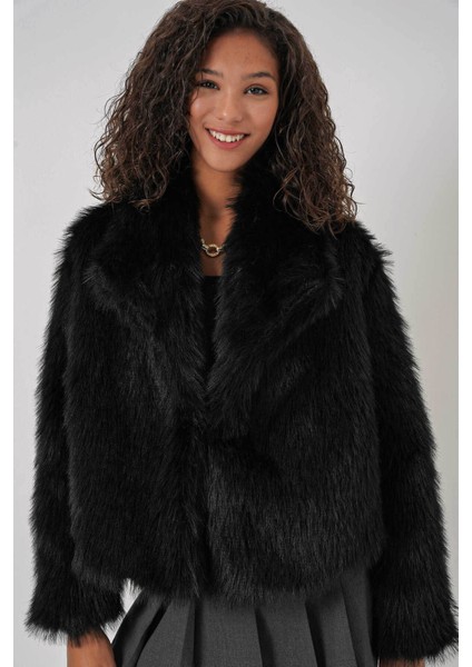 Kruvaze Peluş Kürk Siyah Kadın Kaban 5186
