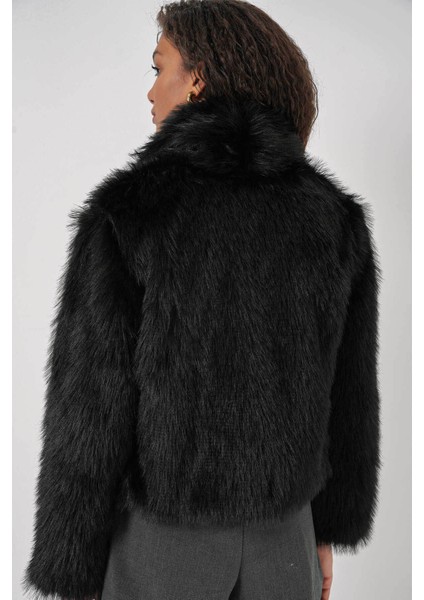 Kruvaze Peluş Kürk Siyah Kadın Kaban 5186 indirimleri