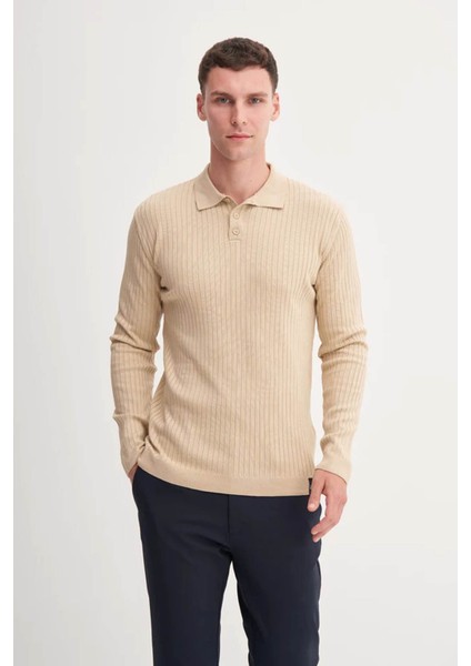 Premium Slim Fit Viskon Karışımlı Polo Yaka Bej Erkek Kazak 33210 fiyatları