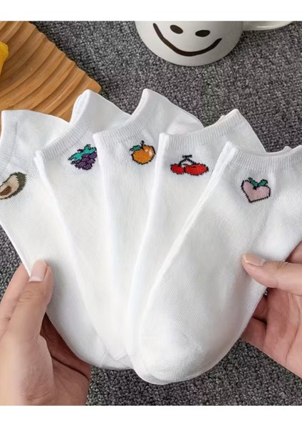 Kadın 5 Çift Renkli Meyve Desenli Günlük Premium Kalite Bilek Boy Kısa Patik Çorabı modelleri