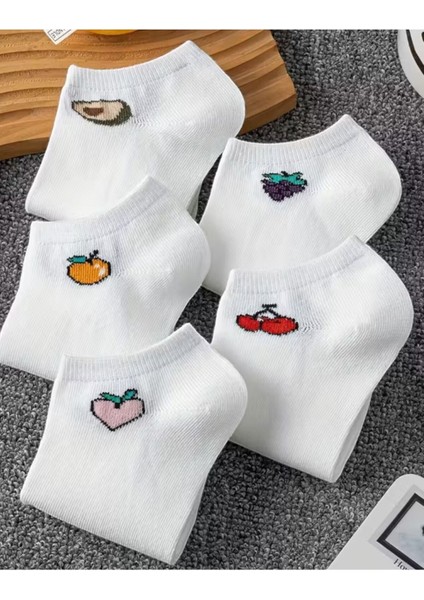 Kadın 5 Çift Renkli Meyve Desenli Günlük Premium Kalite Bilek Boy Kısa Patik Çorabı