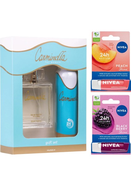 Kadın Parfüm Seti ( 100 ml Edt Parfüm 150 ml Deodorant ) + Niveadudak Kremi Şeftali ve Böğürtlen