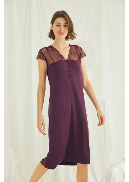 Monamise Kolu Omzu ve Yakası Dantelli Önü Düğmeli Büyük Beden Gecelik modelleri